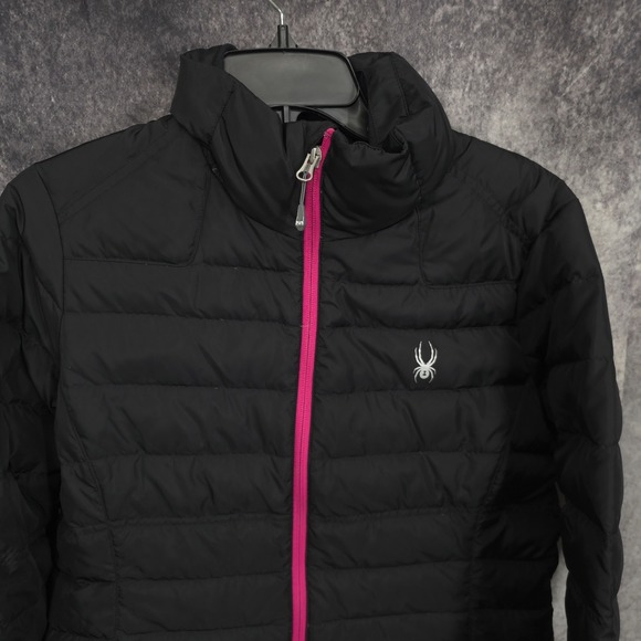 Spyder Prymo Puffer Down Jacket Womens Large Black Pink Coat Winter Ski Snow - Picture 6 of 16